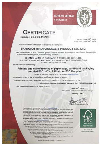 Miho Packaging Solutions Certificate of Quality Standard